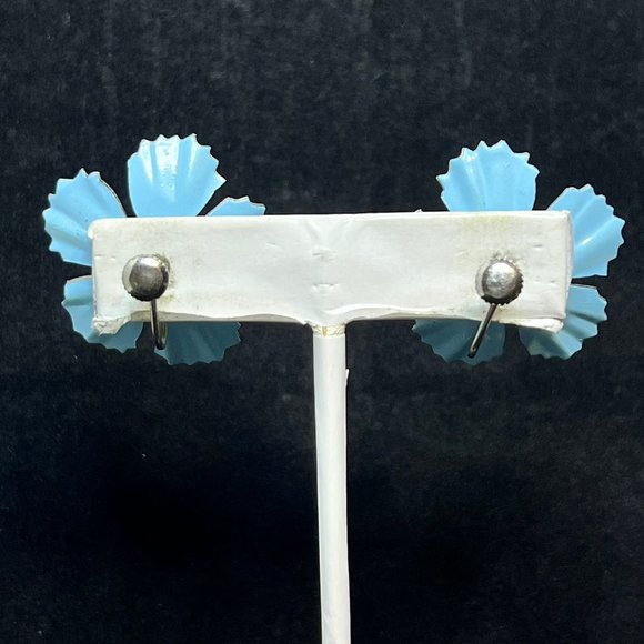 Vintage Silver Tone Aurora Borealis Blue Enamel Flower Screw Back Earrings 3512 - Picture 4 of 4
